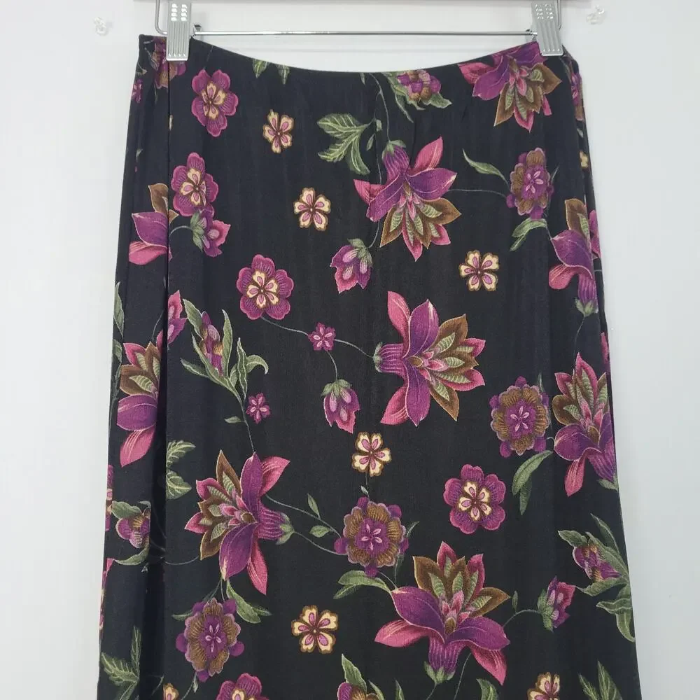 Vintage 90s Floral Pull On Midi Skirt size M Black Purple Fairy Grunge Y2K